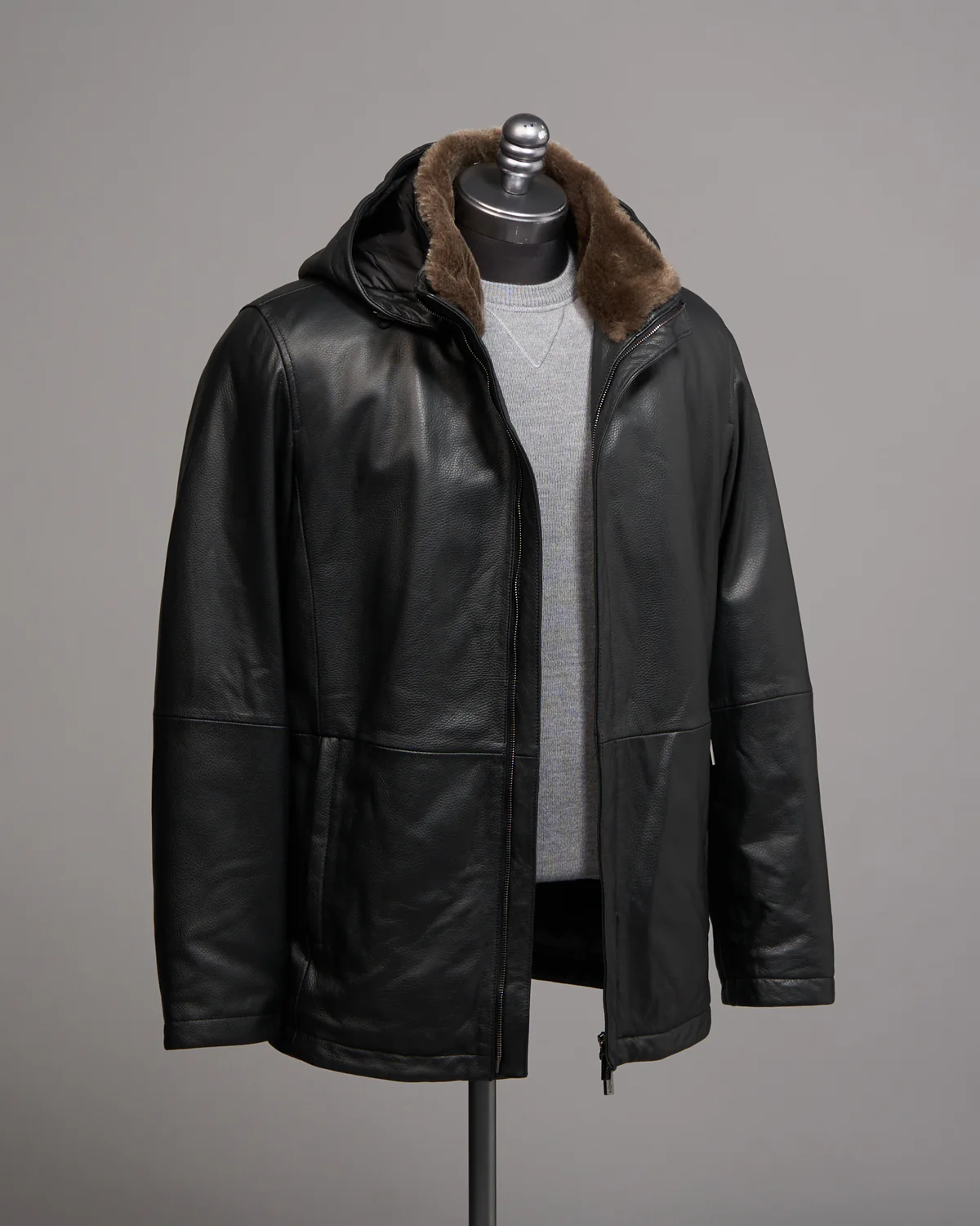 Pebbled Lamb Nappa Leather Hooded Jacket