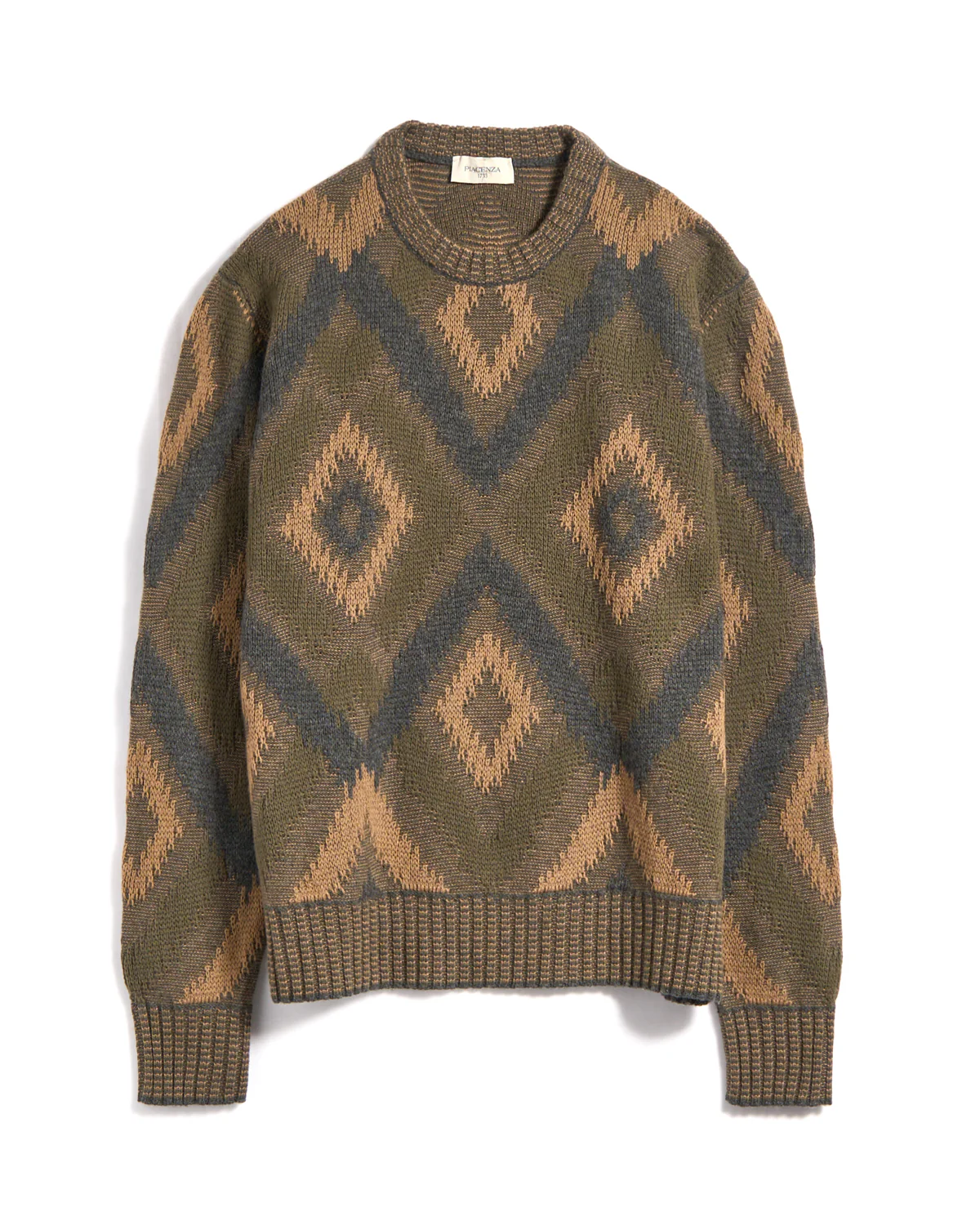 5 Gauge Merino Wool Fil A Fil Ikat Argyle Crewneck Sweater